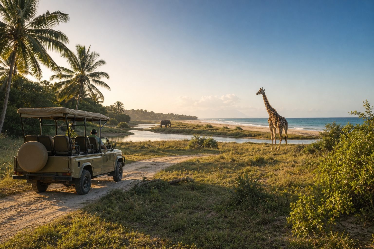 Coastal Tanzania safari landscape with palms, wildlife, and Indian Ocean light near eastern parks.