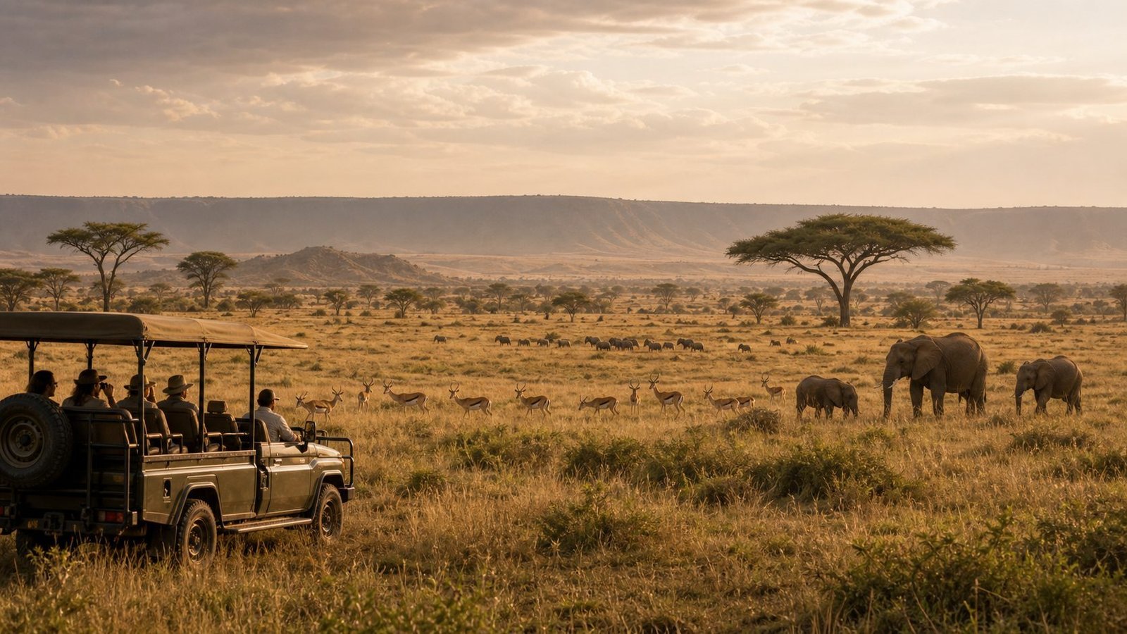 Luxury safari vehicle crossing the Serengeti plains with acacia trees and golden evening light.