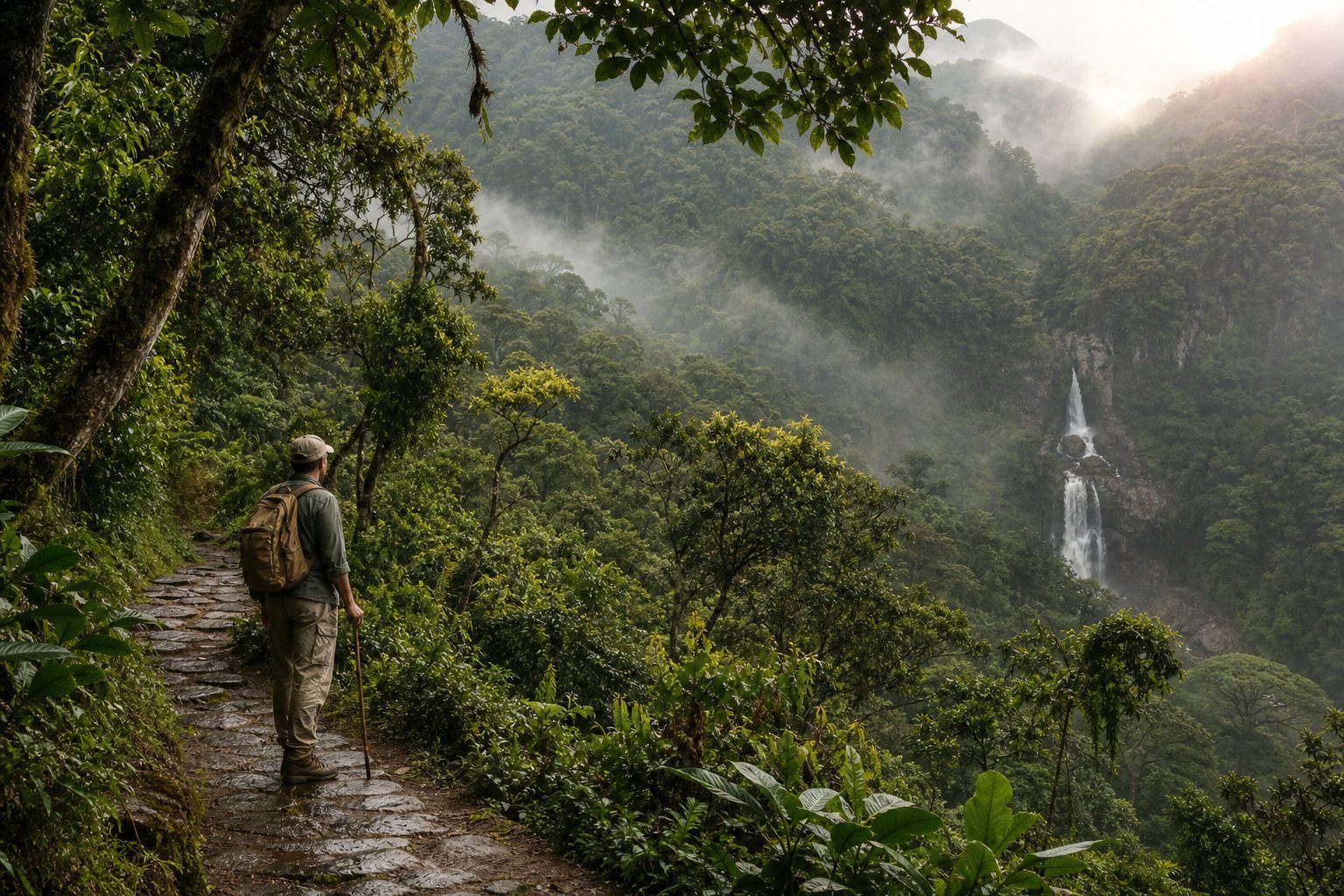 Lush mountain trail overlooking a waterfall in Udzungwa.